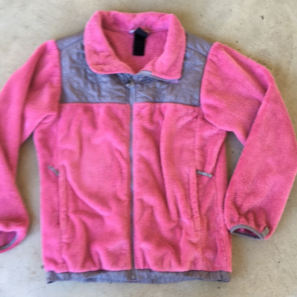 North face pink gray fuzzy jacket size XL girls